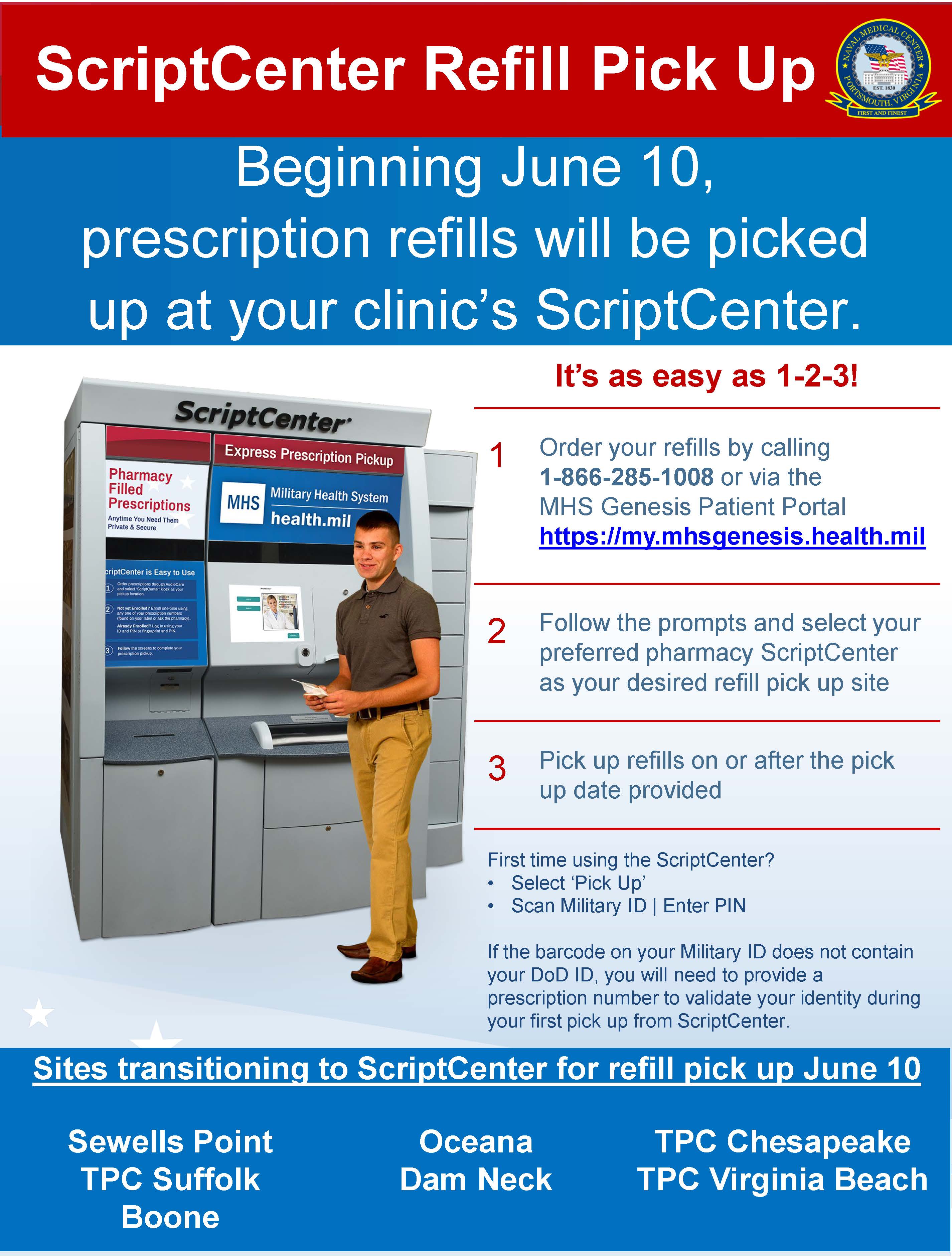 Beginning June 10,  prescription refills will be picked  up at your clinic’s ScriptCenter. 